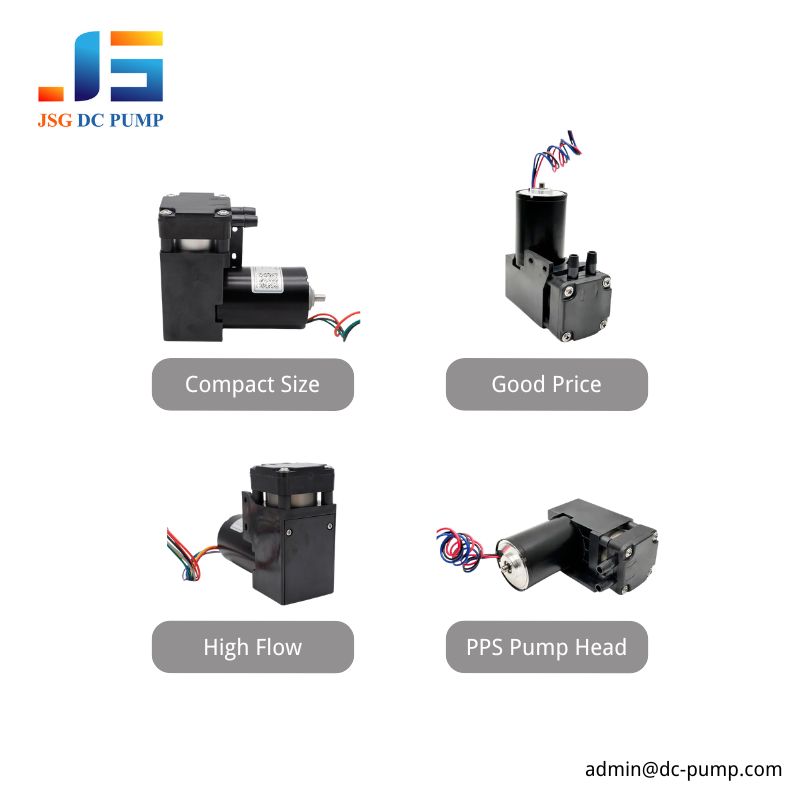 Brushless Mini Piston Pump Core Features Brushless mini piston pump showing compact size, high flow performance, cost-effective design, and PPS pump head for OEM equipment integration.