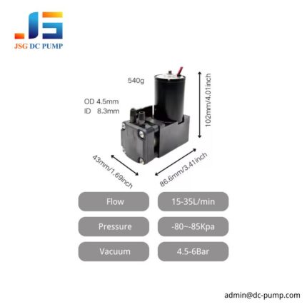 Brushless mini piston pump showing compact dimensions, 540 g weight, 15–35 L/min flow, 4.5–6 bar pressure, and -80 to -85 kPa vacuum performance.