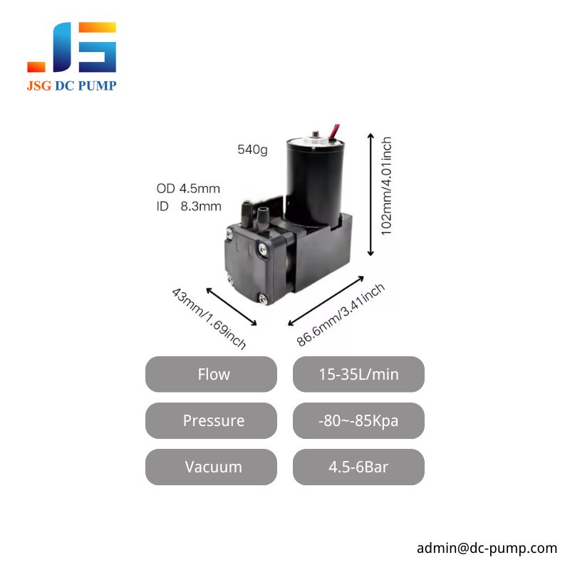 Brushless Mini Piston Pump Dimensions and Parameters Brushless mini piston pump showing compact dimensions, 540 g weight, 15–35 L/min flow, 4.5–6 bar pressure, and -80 to -85 kPa vacuum performance.