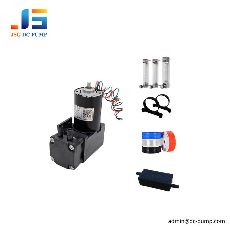 Brushless Mini Piston Pump with OEM Accessories Brushless mini piston pump with OEM accessories including flow meter, mounting clamp, tubing, filter, and connection parts for system testing.
