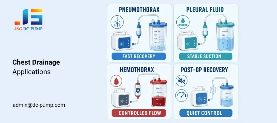 Chest drainage applications for pneumothorax, pleural fluid, hemothorax, and post-operative recovery.
