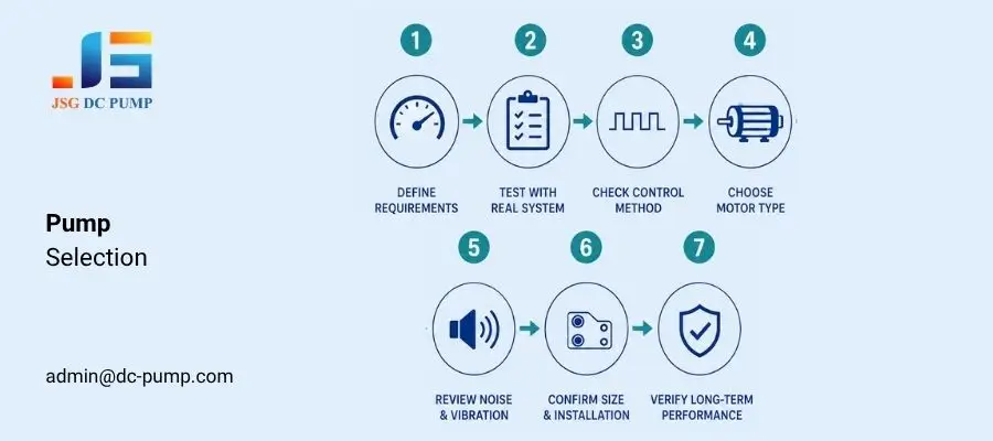 Seven-step pump selection process covering vacuum requirements, system testing, control, motor, noise, size, and lifetime.