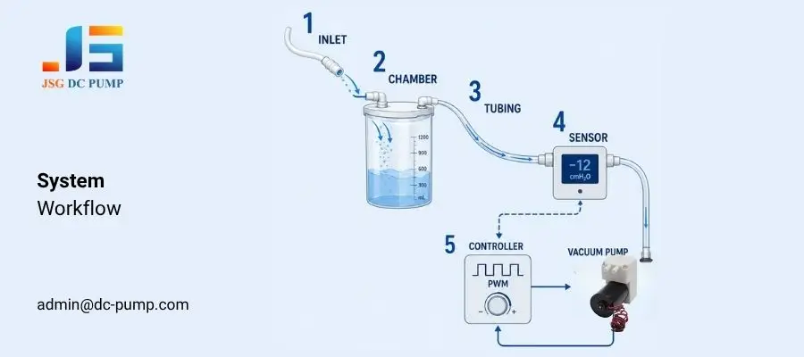 Chest drainage system workflow showing inlet, collection chamber, tubing, pressure sensor, PWM controller, and vacuum pump.
