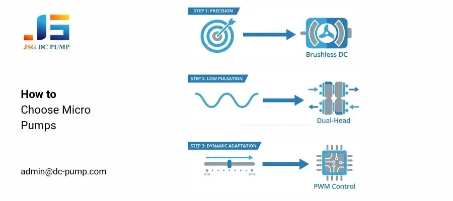 Three-step selection diagram for precision, low pulsation, and PWM control