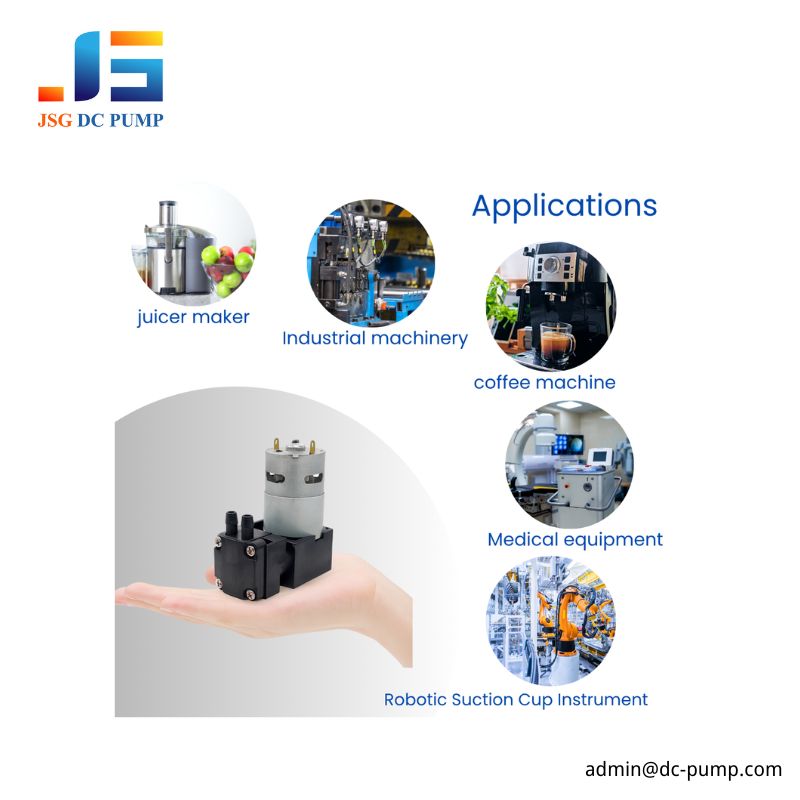Compact Pump Application Scenarios Compact piston pump used in juicer makers, industrial machinery, coffee machines, medical equipment, and robotic suction cup systems