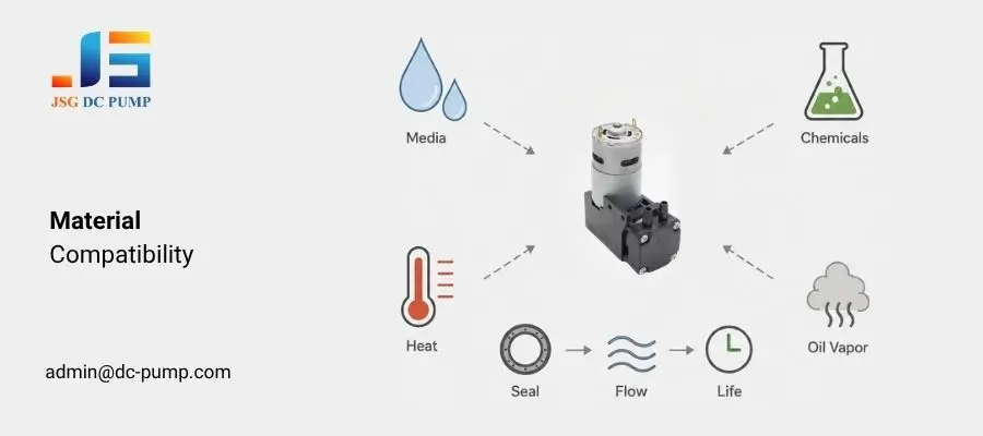Micro pump material compatibility diagram showing the effects of media, chemicals, heat, oil vapor, and sealing materials on flow and service life.