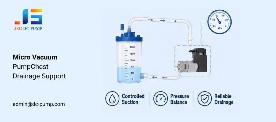 Micro vacuum pump connected to a chest drainage collection chamber for controlled suction, pressure balance, and reliable drainage.
