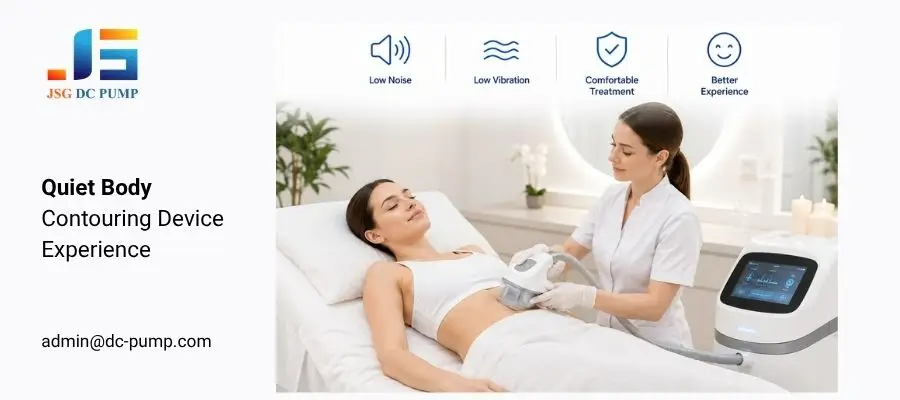 Quiet body contouring device powered by a low noise micro vacuum pump for comfortable treatment