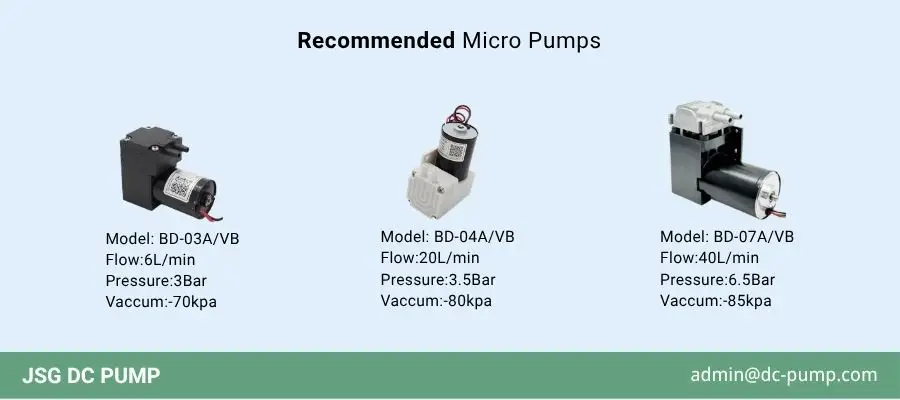Recommended JSG BD-03, BD-04, and BD-07 micro pumps for chest drainage systems with flow, pressure, and vacuum ratings.