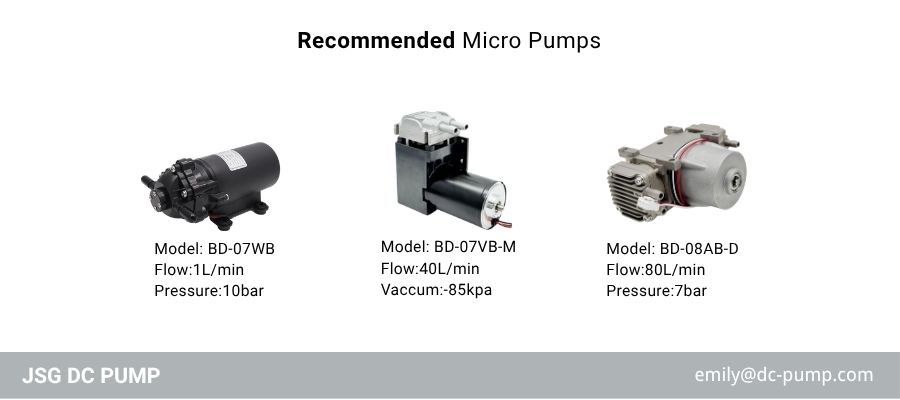 Recommended stable flow micro pumps from JSG DC PUMP including BD-07WB liquid pump, BD-07VB-M vacuum pump, and BD-08AB-D air pump