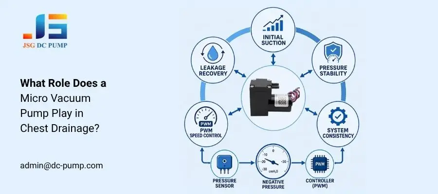 Micro vacuum pump functions in chest drainage including initial suction, leakage recovery, pressure stability, PWM control, and sensing.