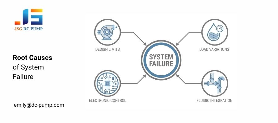 Infographic showing the four root causes of micro pump system failure: design limits, load variations, electronic control, and fluidic integration