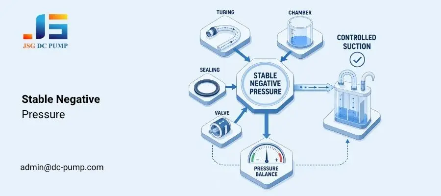 Stable negative pressure diagram linking tubing, chamber, sealing, valve, pressure balance, and controlled suction.