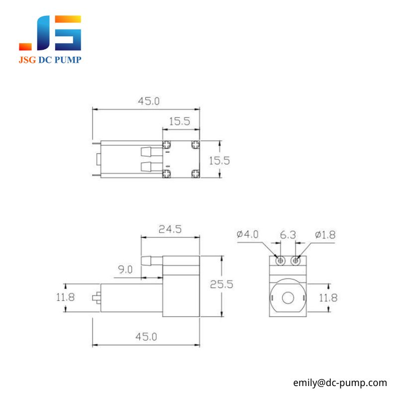 BD-01 mini DC air pump dimensional drawing showing 45 mm length, 25.5 mm height, and port dimensions