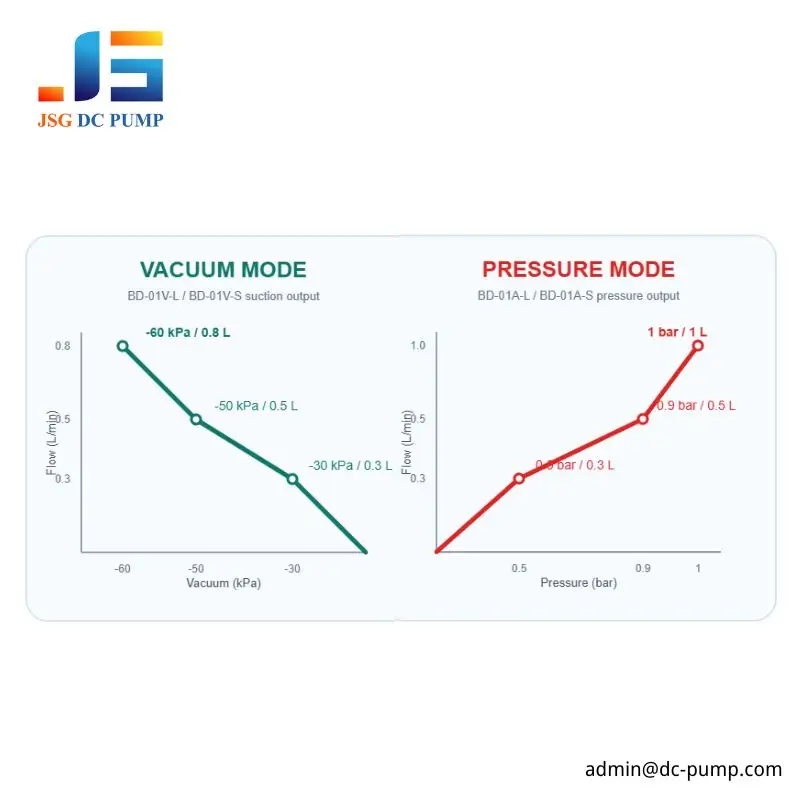 BD-01A/V-L mini DC air and vacuum pump flow curves for pressure up to 1 bar and vacuum down to minus 60 kPa