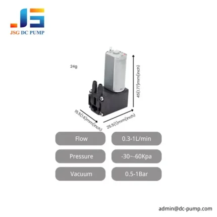 BD-01A/V-L mini DC air pump specifications showing 24 gram weight, compact dimensions and 0.3 to 1 liter per minute flow