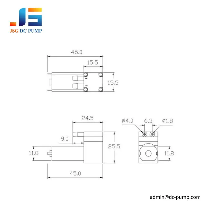 BD-01A/V-L mini diaphragm pump dimensional drawing showing 45 by 25.5 by 15.5 millimeter size