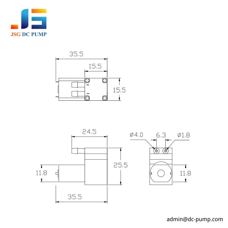 BD-01A/V-S miniature diaphragm pump dimensional drawing with body and port measurements