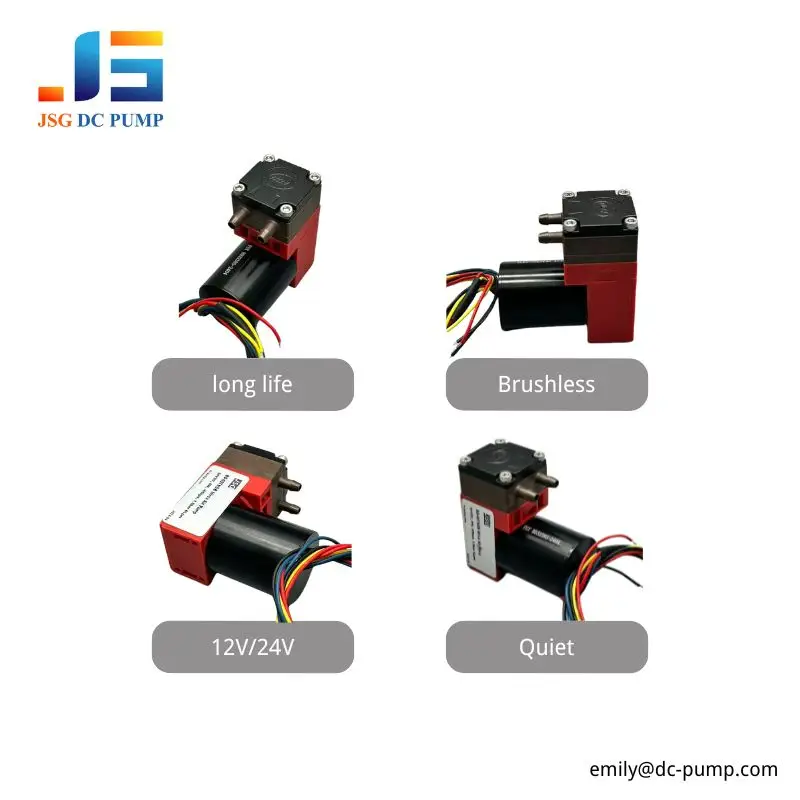 BD-05TVB-S Brushless Pump Advantages Four product views showing the BD-05TVB-S brushless pump, long life, 12V and 24V options, and quiet operation.