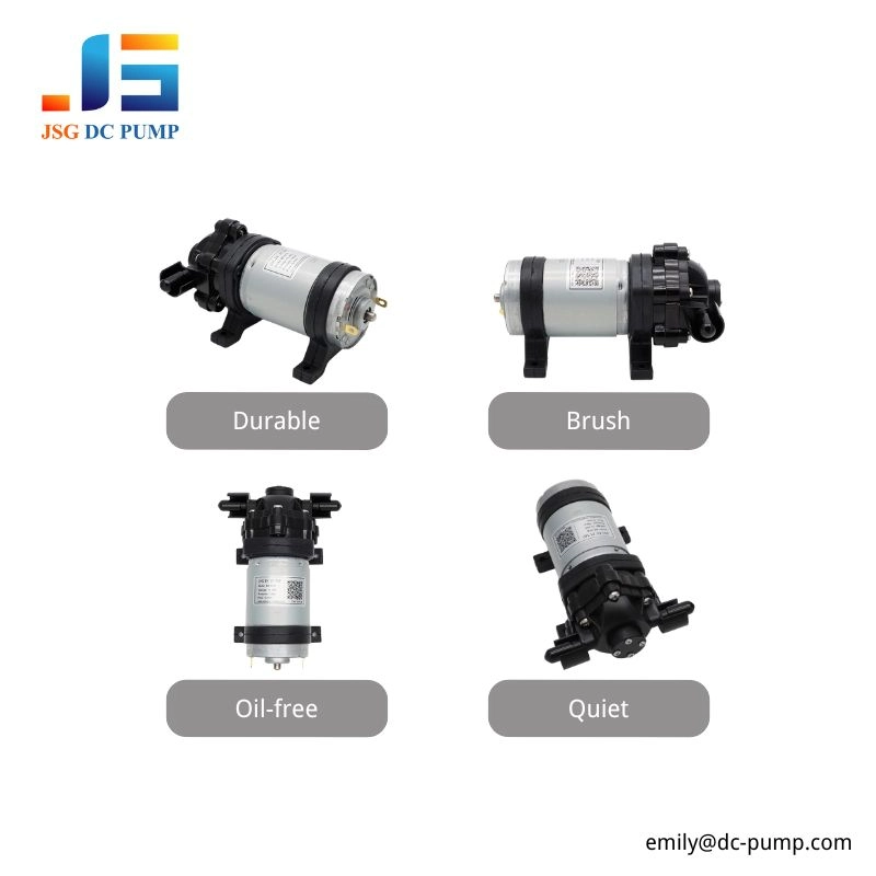 BD-07W DC Diaphragm Water Pump Features BD-07W DC diaphragm water pump shown from four angles with durable, brushed motor, oil-free and quiet features.