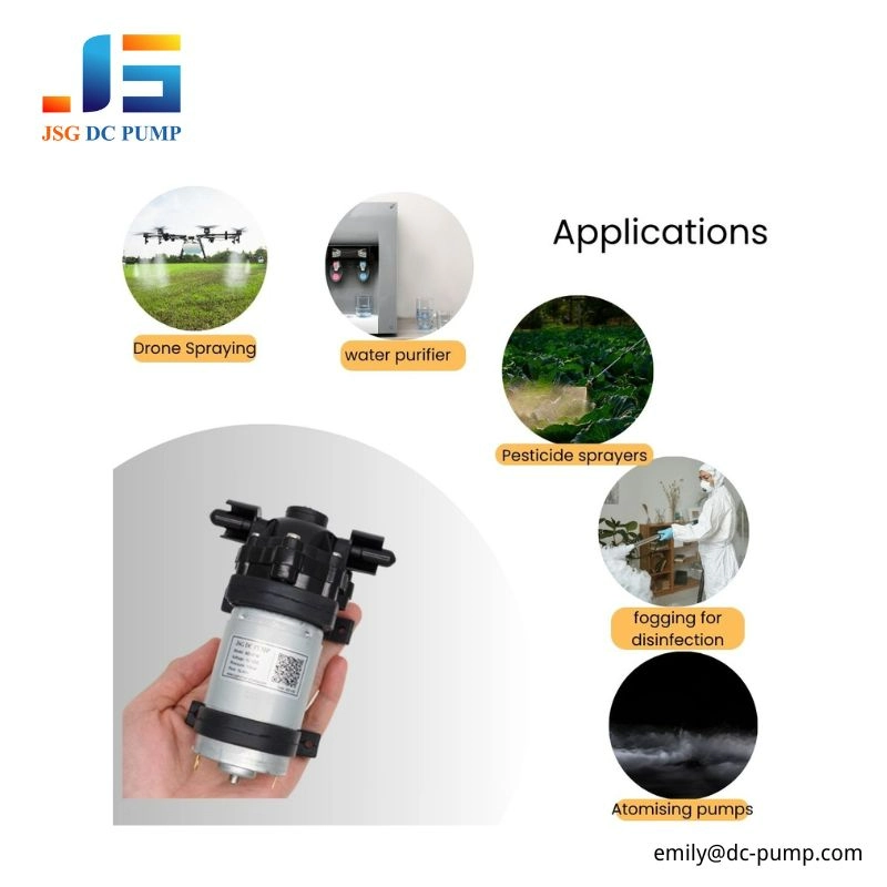 BD-07W Diaphragm Water Pump Applications BD-07W DC diaphragm water pump applications including water purification, drone spraying, pesticide spraying and disinfection fogging.