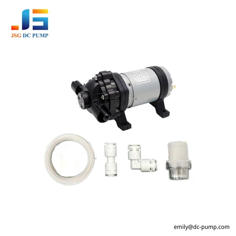 BD-07W Water Pump and Accessories BD-07W DC diaphragm water pump with tubing, straight connector, elbow connector and inlet filter accessories.