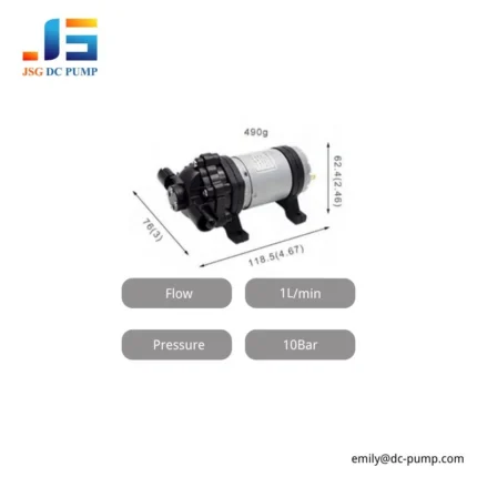 BD-07W DC diaphragm water pump with 1 L/min maximum flow, 10 bar maximum pressure and compact installation dimensions.