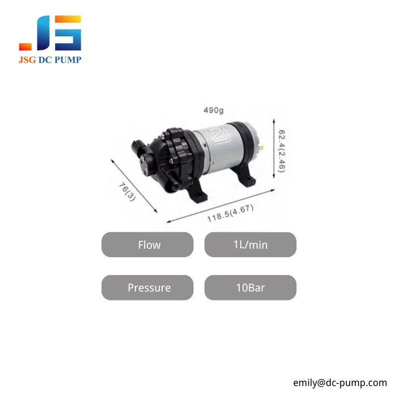 BD-07W Water Pump Flow and Pressure BD-07W DC diaphragm water pump with 1 L/min maximum flow, 10 bar maximum pressure and compact installation dimensions.