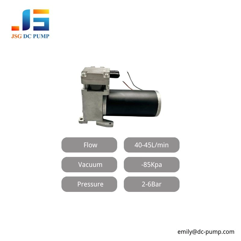 Infographic for the BD-08 mini compressor vacuum pump, listing its key performance specifications: Flow rate of 40-45 L/min, maximum vacuum of -85 kPa, and pressure range of 2-6 Bar.