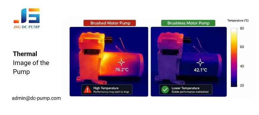 Thermal illustration comparing a brushed motor pump at 76.2 degrees Celsius with a brushless motor pump at 42.1 degrees Celsius
