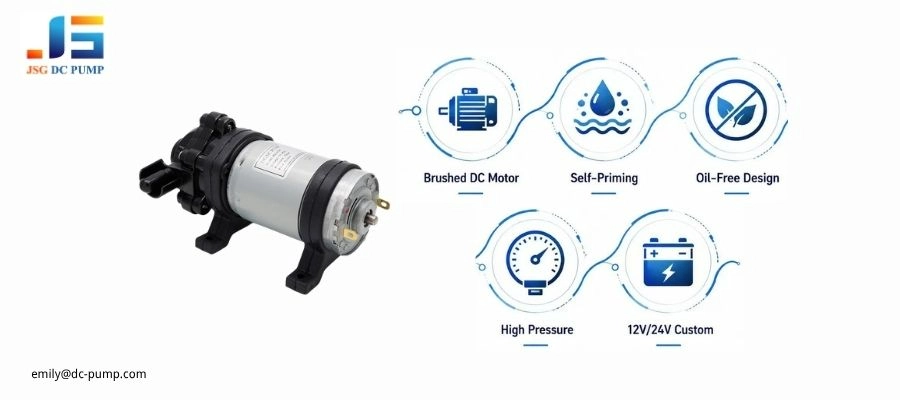 BD-07W DC diaphragm water pump shown from four angles with durable, brushed motor, oil-free and quiet features.