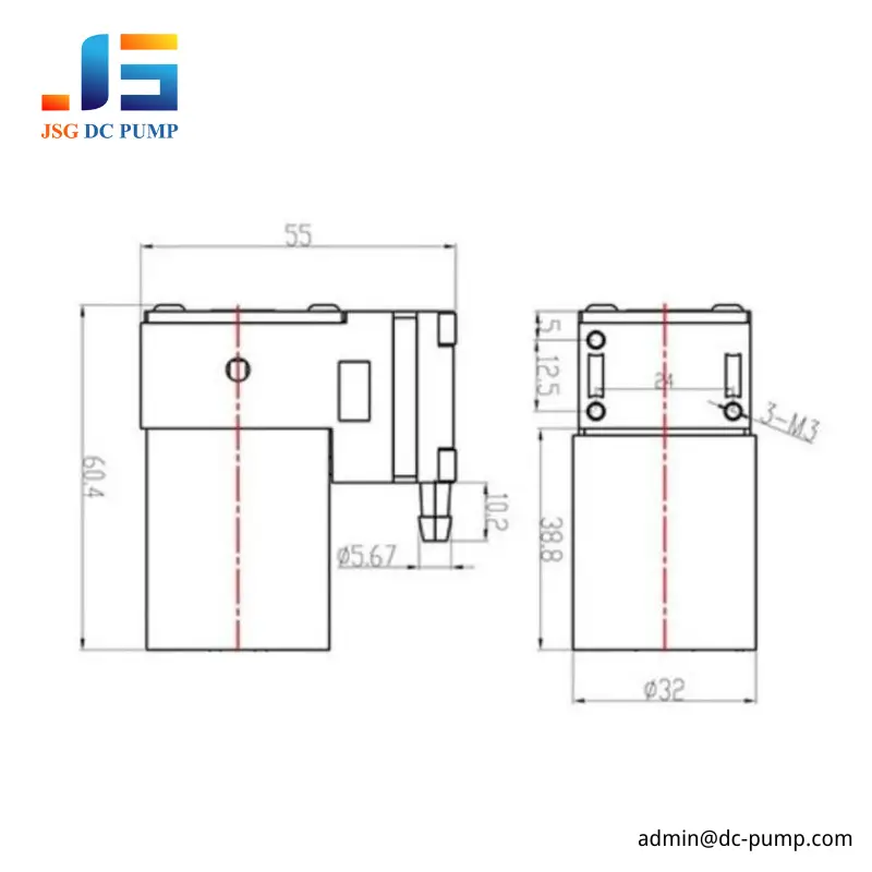 JSG05TVB-S brushless diaphragm pump dimensional drawing showing an approximate 60.4 x 32 x 55 mm outline
