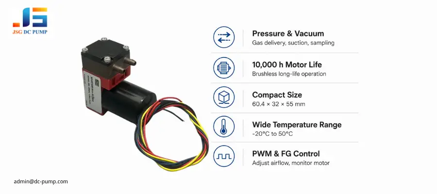 JSG05TVB-S brushless diaphragm pump showing pressure and vacuum operation, compact size, and PWM/FG control