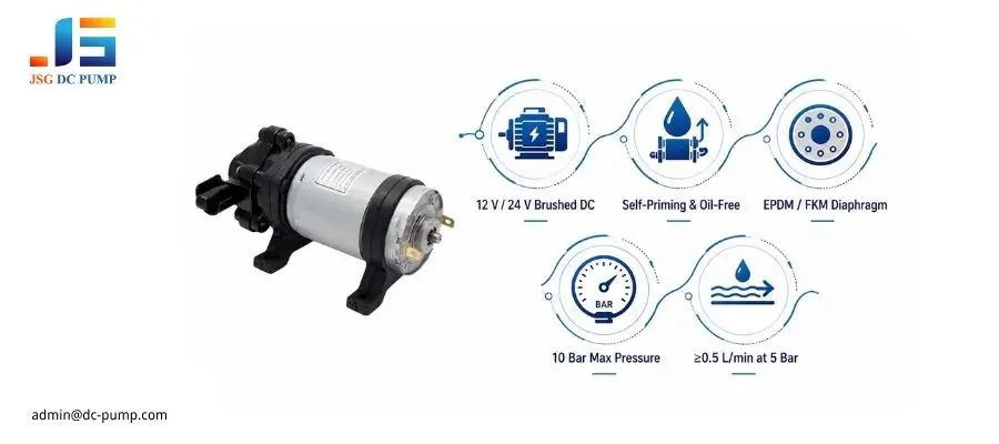 DC Diaphragm Water Pump features including 12 V or 24 V brushed motor, 10 bar pressure and self-priming operation