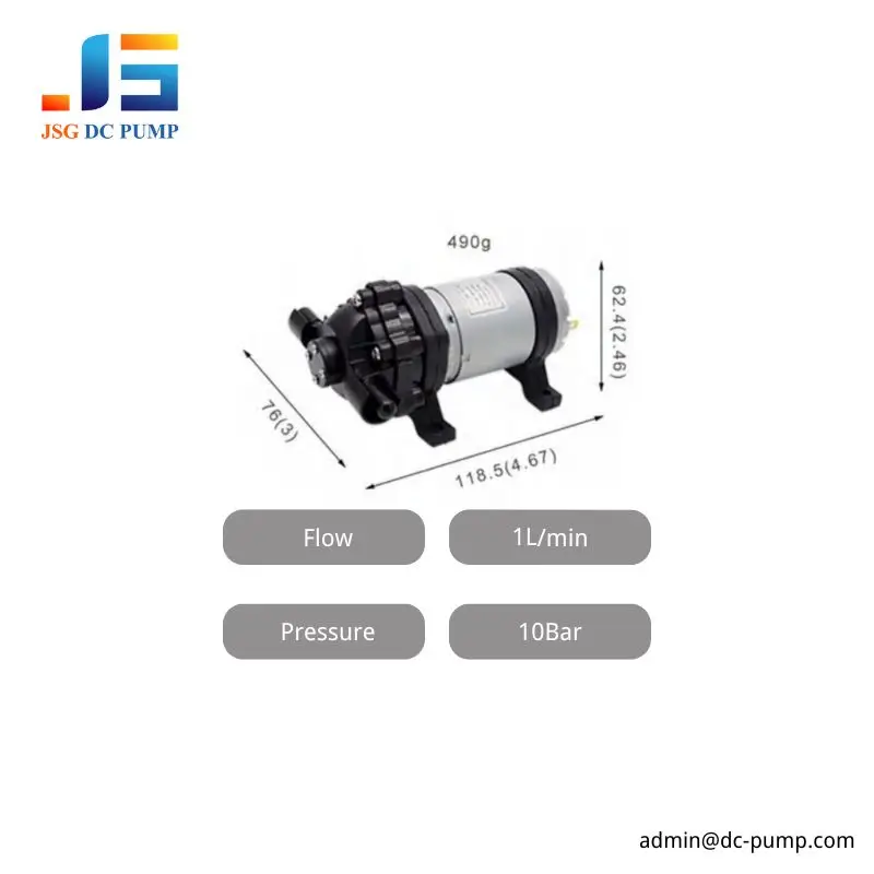 JSG07W DC Diaphragm Water Pump rated for 1 L/min flow and 10 bar pressure with 490 g weight