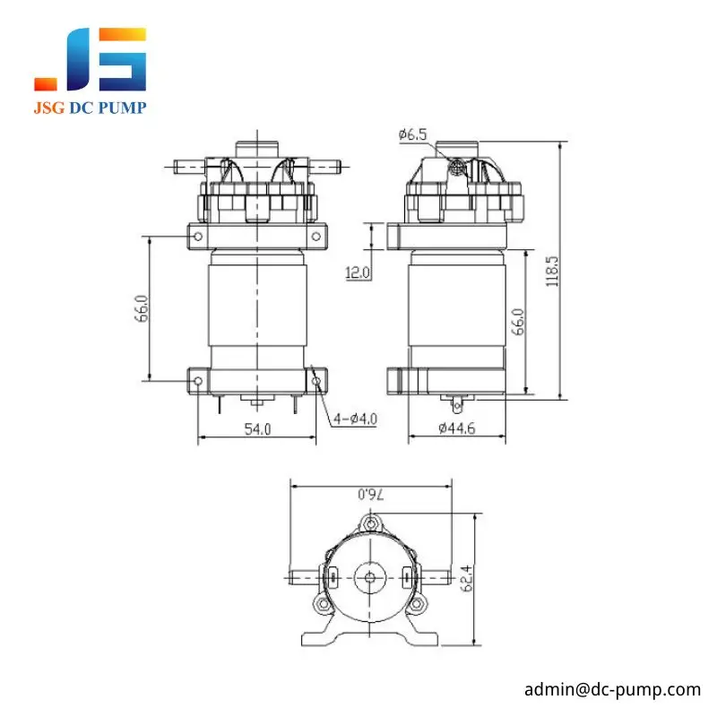 JSG07W DC diaphragm water pump dimensional drawing with 118.5 mm length and four 4 mm mounting holes