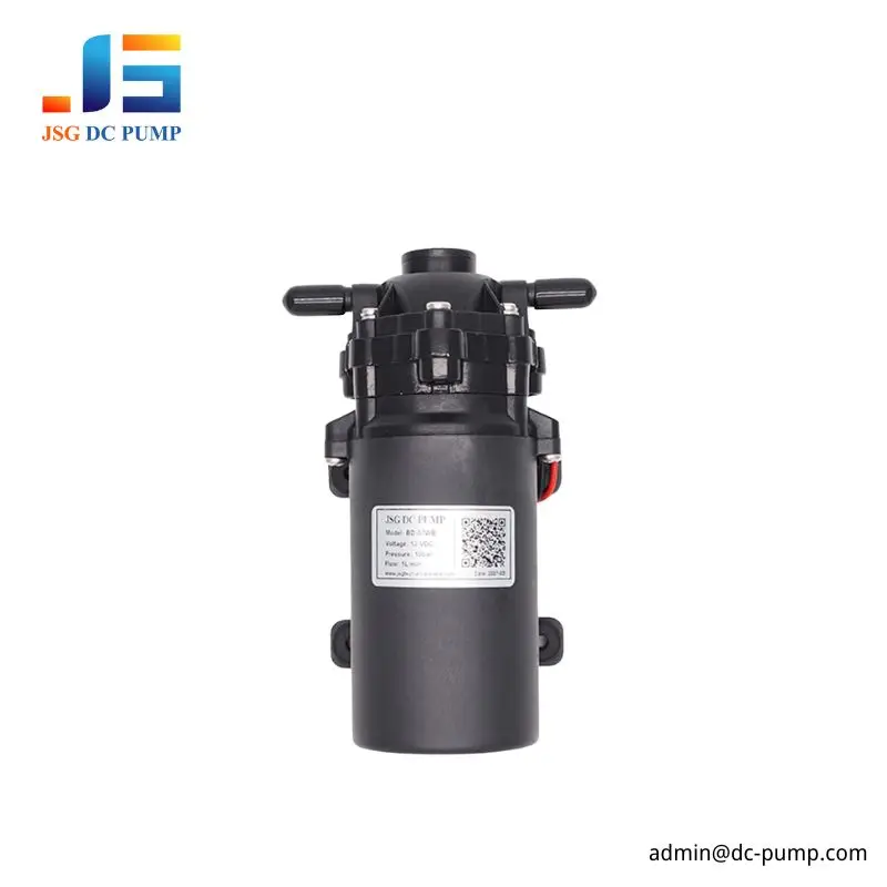 Front view of the JSG07WB 12V 24V brushless diaphragm liquid pump for water purification and OEM liquid transfer.