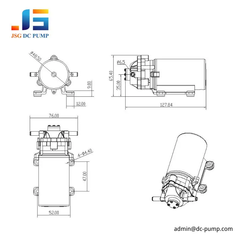 JSG07WB brushless diaphragm liquid pump dimensional drawing with 127.84 mm length, 76 mm width, and 65.4 mm height.