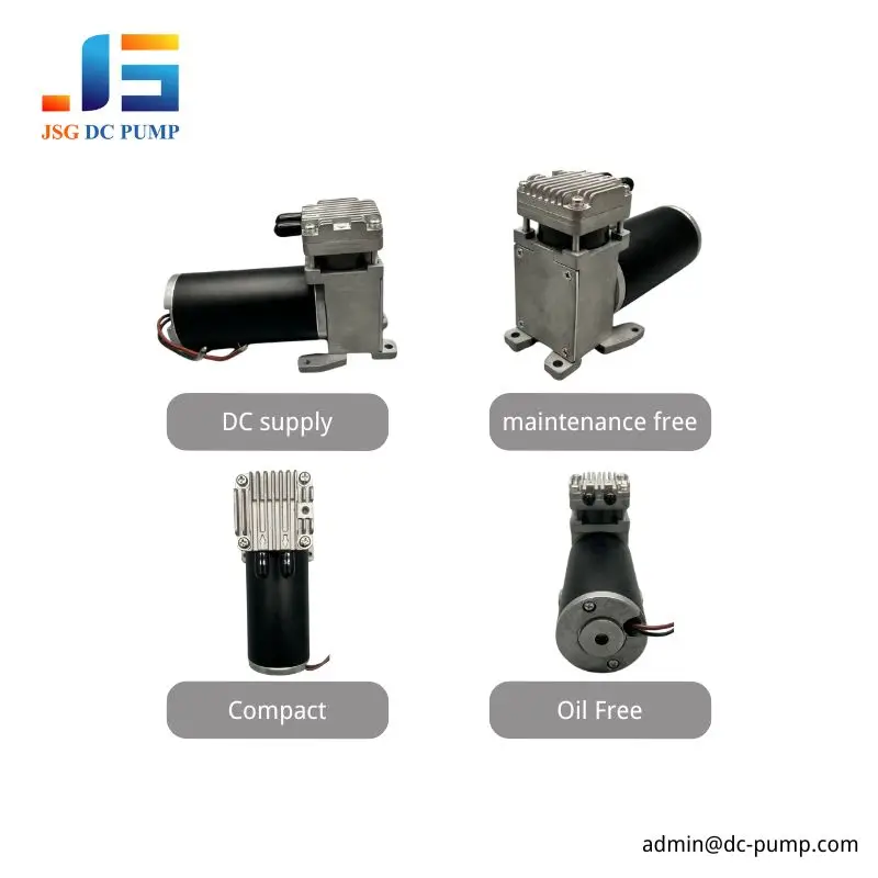 JSG08A/V-S Brushed DC Piston Pump Feature Views JSG08A/V-S brushed DC piston pump shown from four angles with compact, oil-free and maintenance-free feature labels