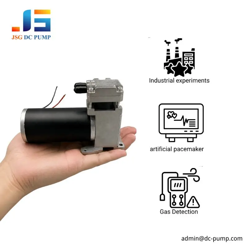 JSG08A/V-S Compact Pump Size and Application Examples Hand holding compact JSG08A/V-S brushed piston pump with industrial testing, medical equipment and gas detection icons
