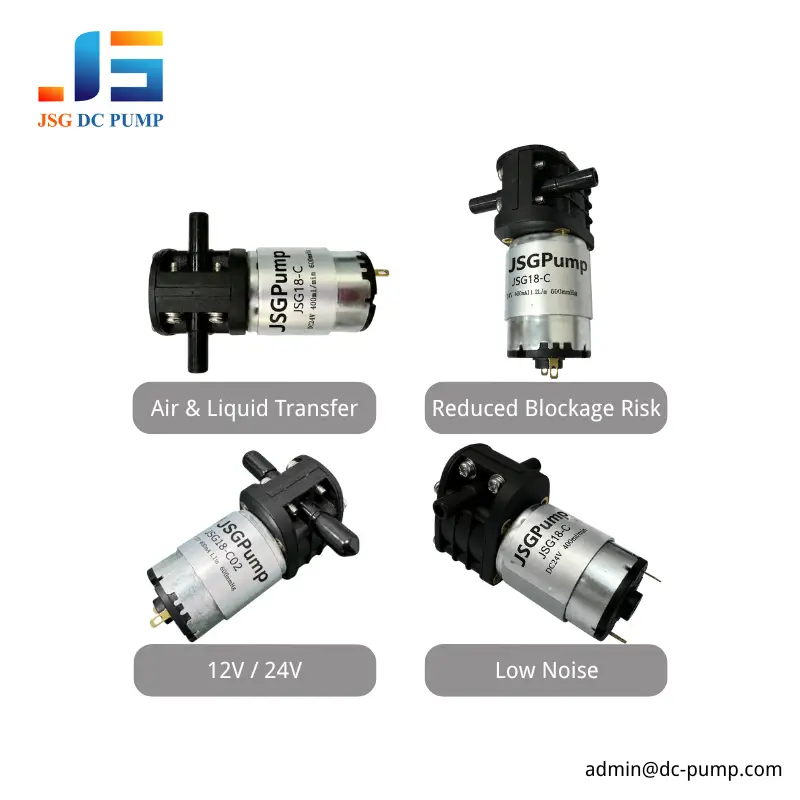 JSG18-C Air-Liquid Transfer Pump Features Four views of the JSG18-C DC liquid pump showing air-liquid transfer, reduced blockage risk, 12 V/24 V options and low-noise operation