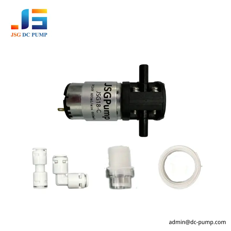 JSG18-C DC Liquid Pump Accessories JSG18-C DC liquid pump with straight and elbow fittings, an inline connector and clear tubing