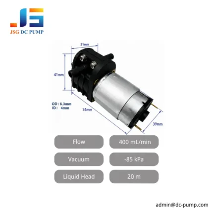 JSG18-C DC liquid pump specifications showing 400 mL/min flow, −85 kPa vacuum and 20 m liquid head