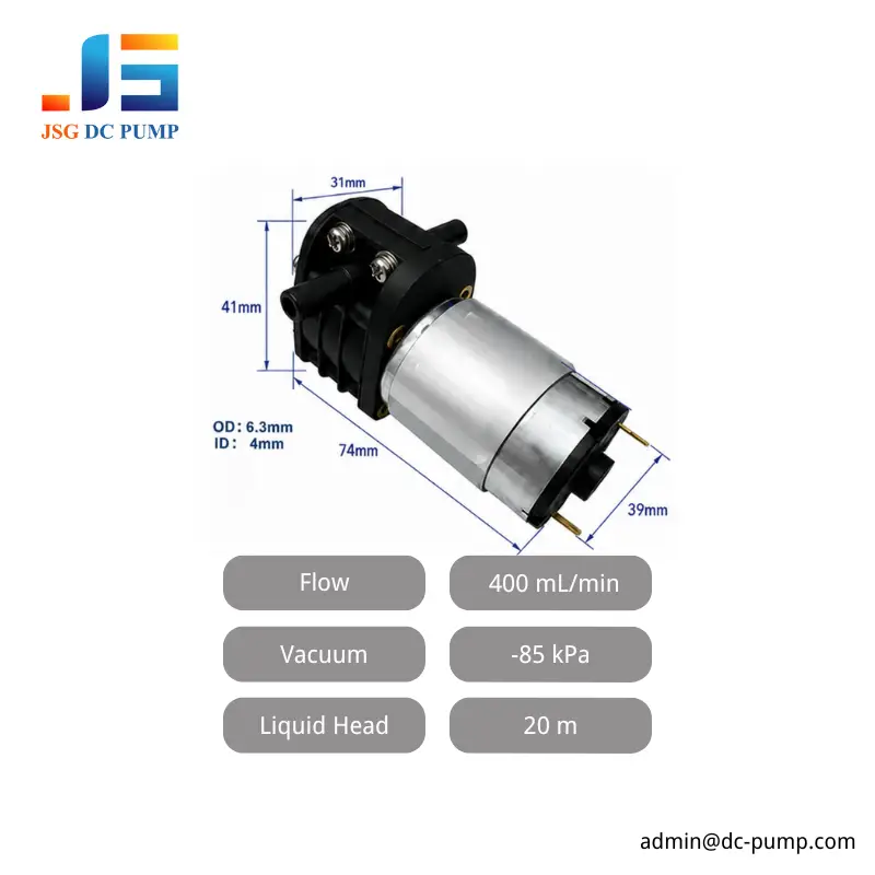 JSG18-C DC Liquid Pump Specifications JSG18-C DC liquid pump specifications showing 400 mL/min flow, −85 kPa vacuum and 20 m liquid head