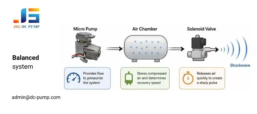 Micro pump for shockwave therapy connected to an air chamber and solenoid valve in a balanced pneumatic system