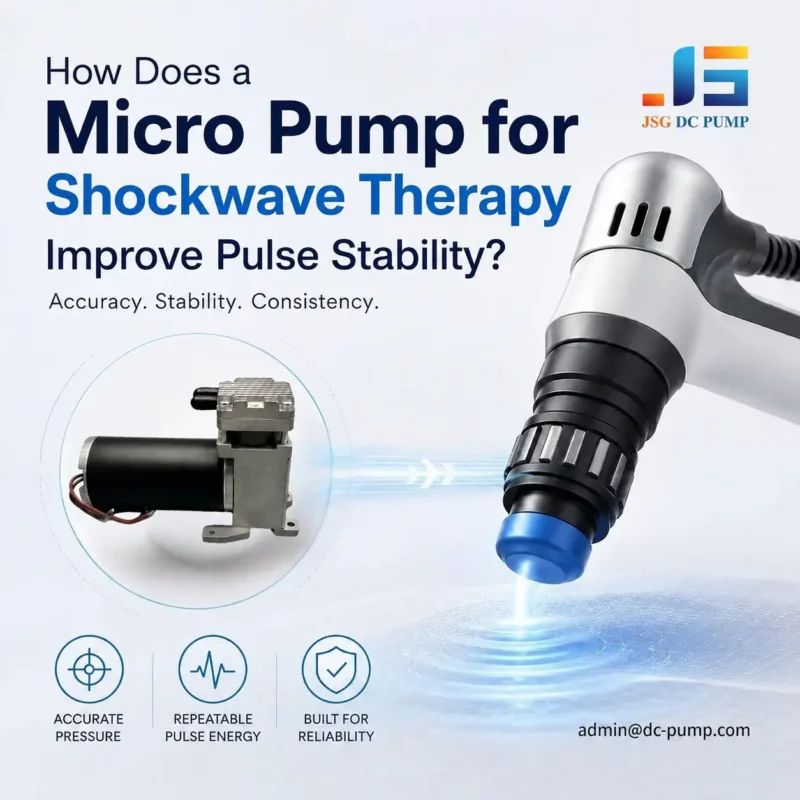 Micro pump for shockwave therapy beside a radial pressure wave handpiece with accuracy, stability and reliability icons