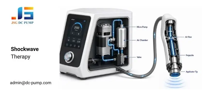 Micro pump for shockwave therapy inside a pneumatic device with an air chamber, valve and radial pressure wave handpiece
