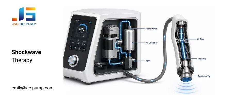 Micro pump pneumatic system for shockwave therapy equipment