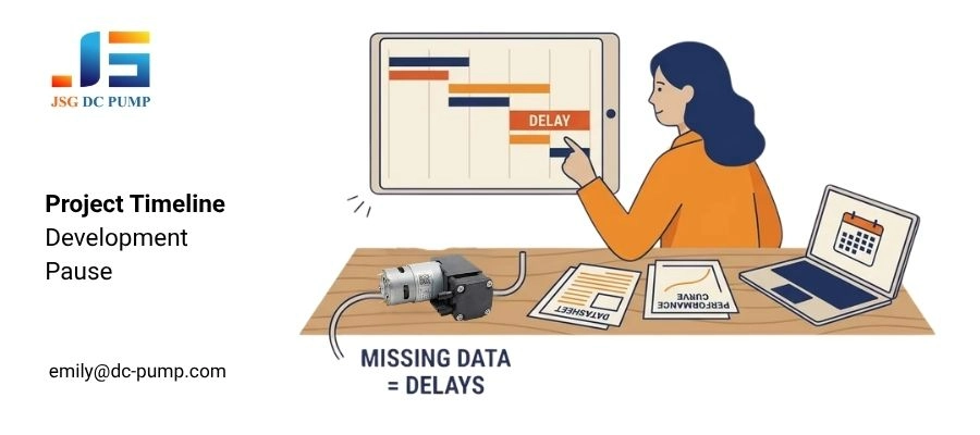 An illustration for a micro pump selection guide, showing an engineer pointing at a project delay on a timeline caused by missing pump performance data.