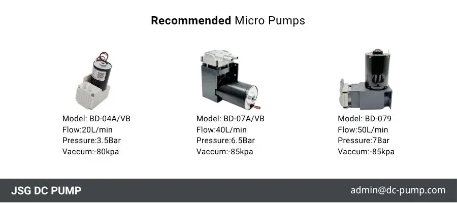 Micro pump selection guide comparing BD-04A/VB, BD-07A/VB, and BD-079 models